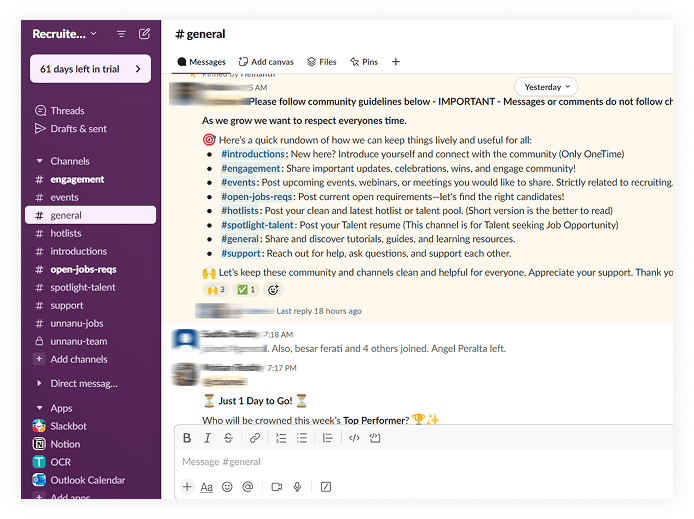 Live conversations in the Unnanu recruiters Slack community