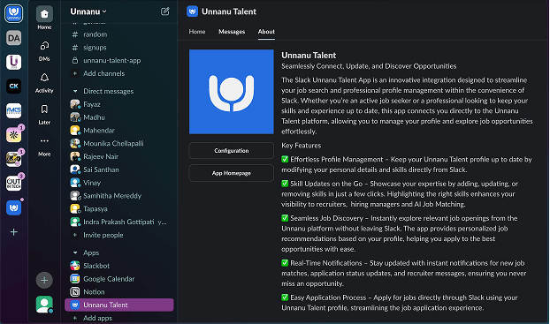 Screenshot of the Unnanu Recruiters Slack workspace showing active channels and conversations